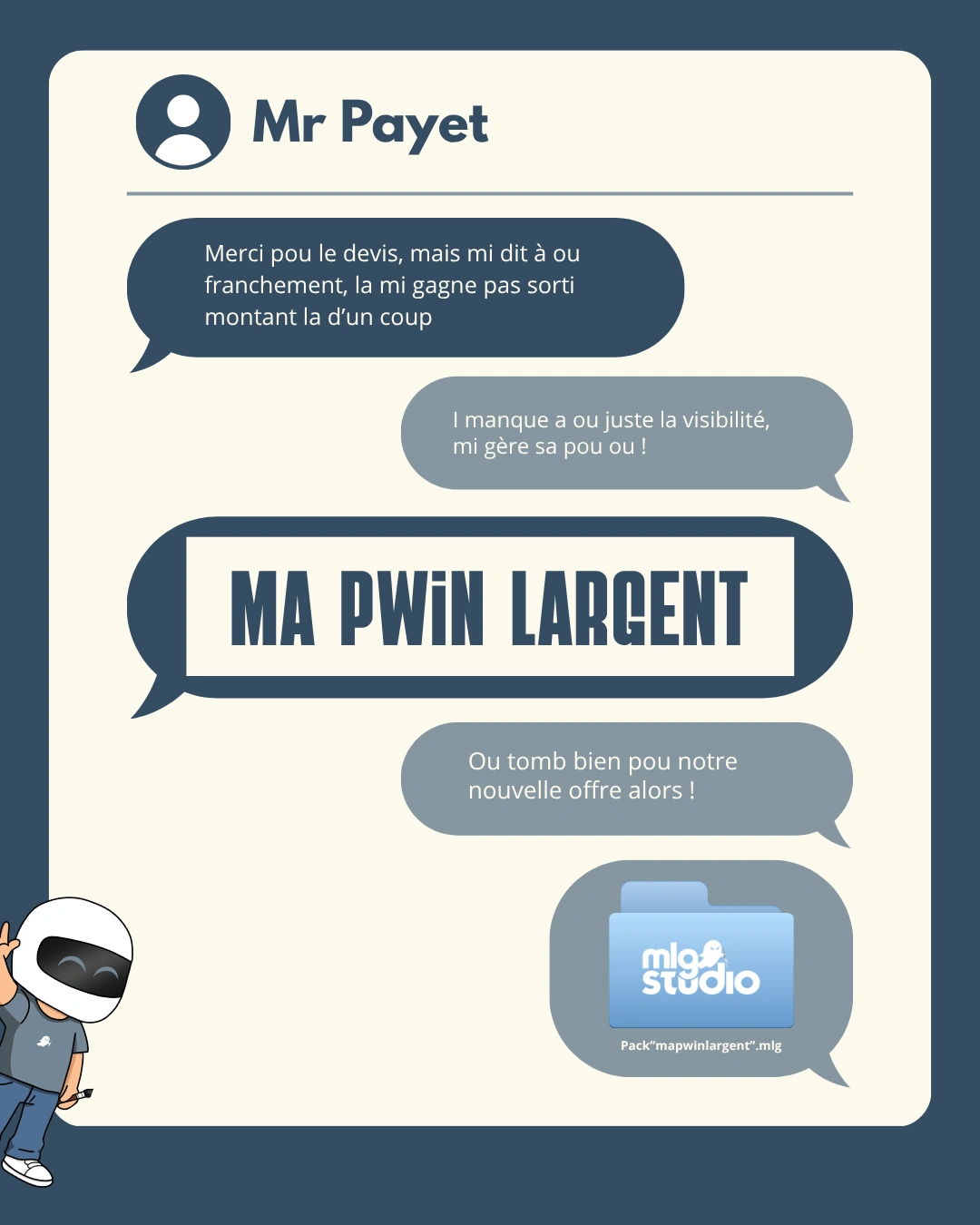 Affiche de l’offre Ma Pwin L’Argent : échange entre un client et mlgstudio sur le budget et la visibilité