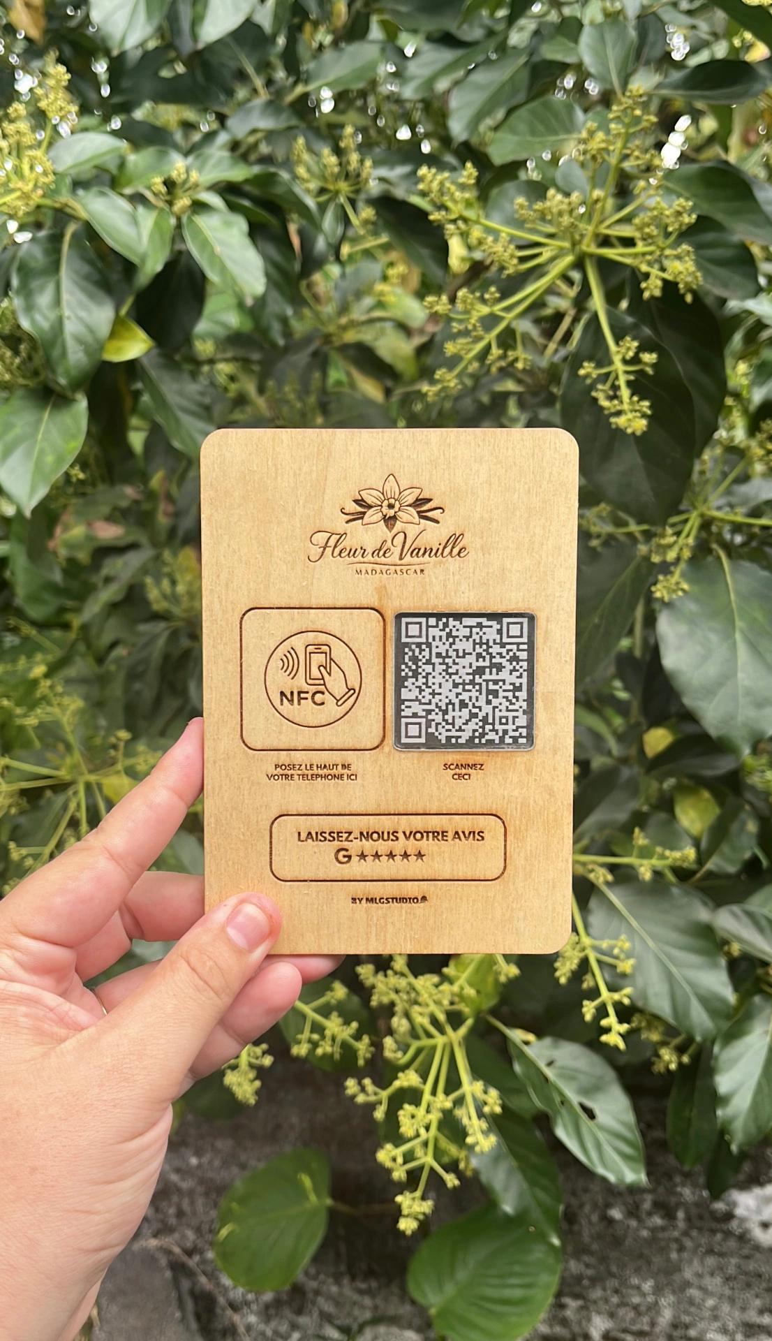 Plaque NFC en bois Fleur de Vanille avec QR code pour les avis Google